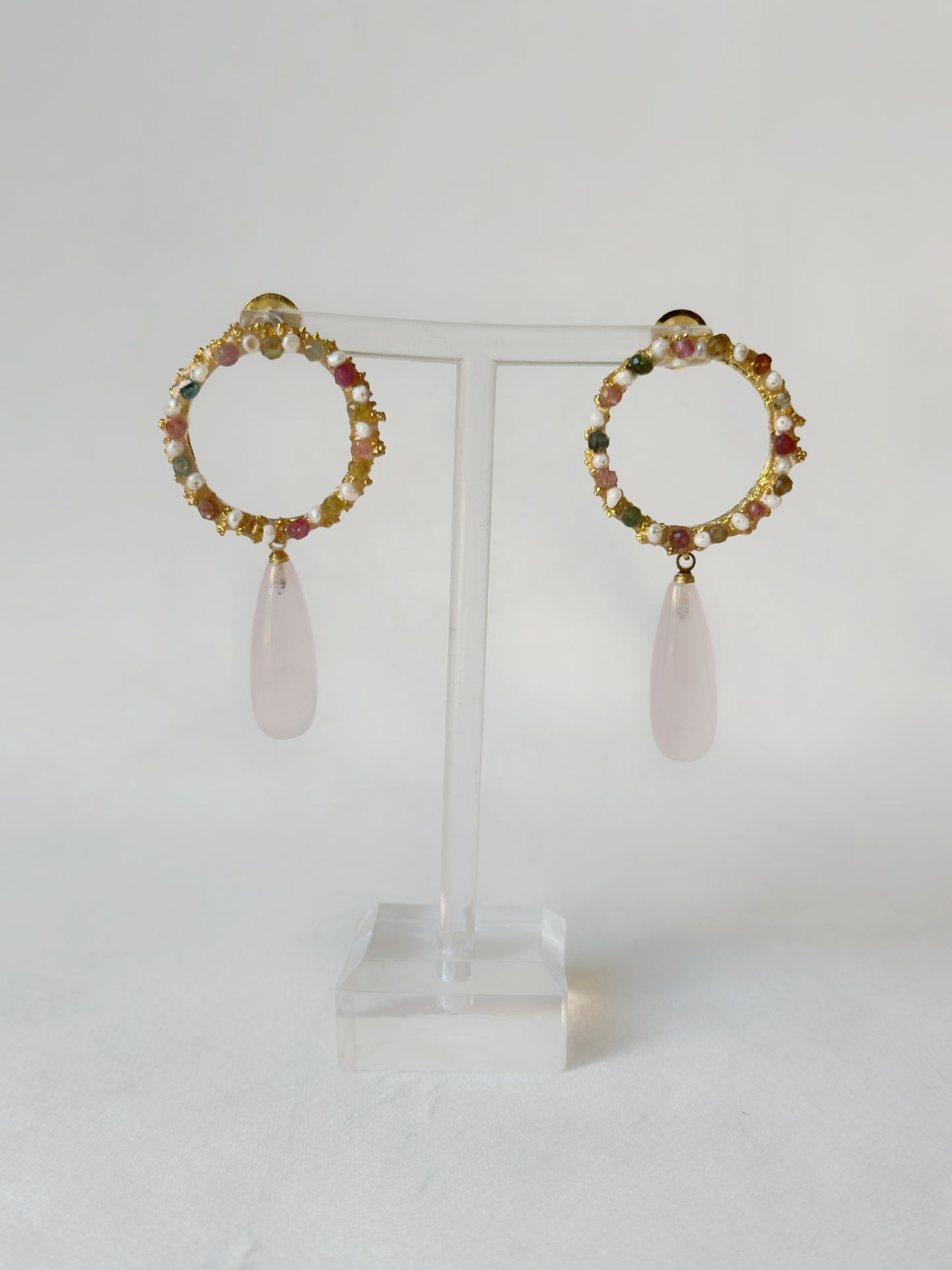 Candy drop danglers with Rose quartz, Tourmalines and freshwater pearls