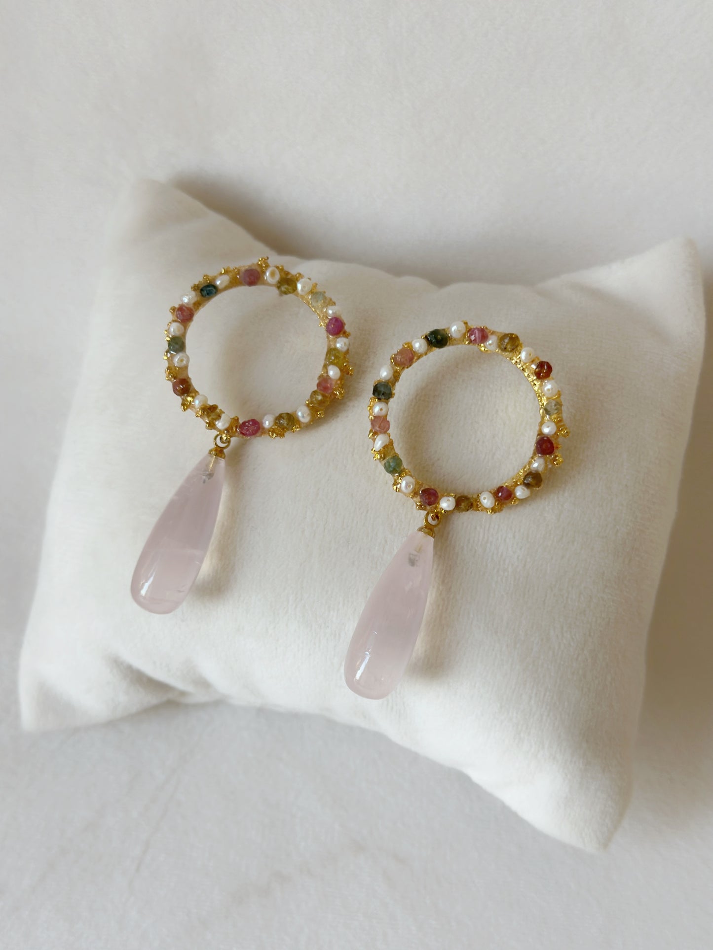 Candy drop danglers with Rose quartz, Tourmalines and freshwater pearls