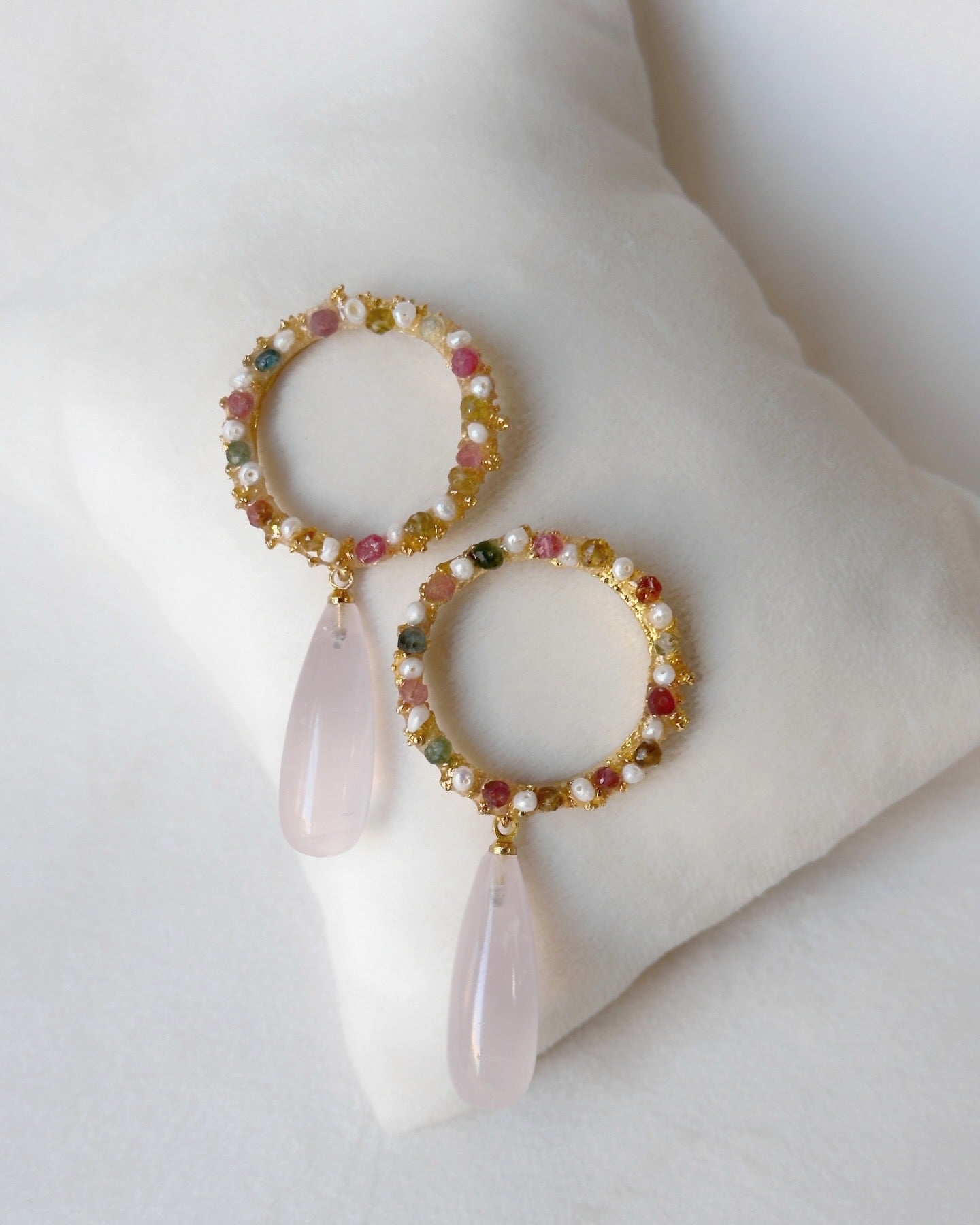 Candy drop danglers with Rose quartz, Tourmalines and freshwater pearls