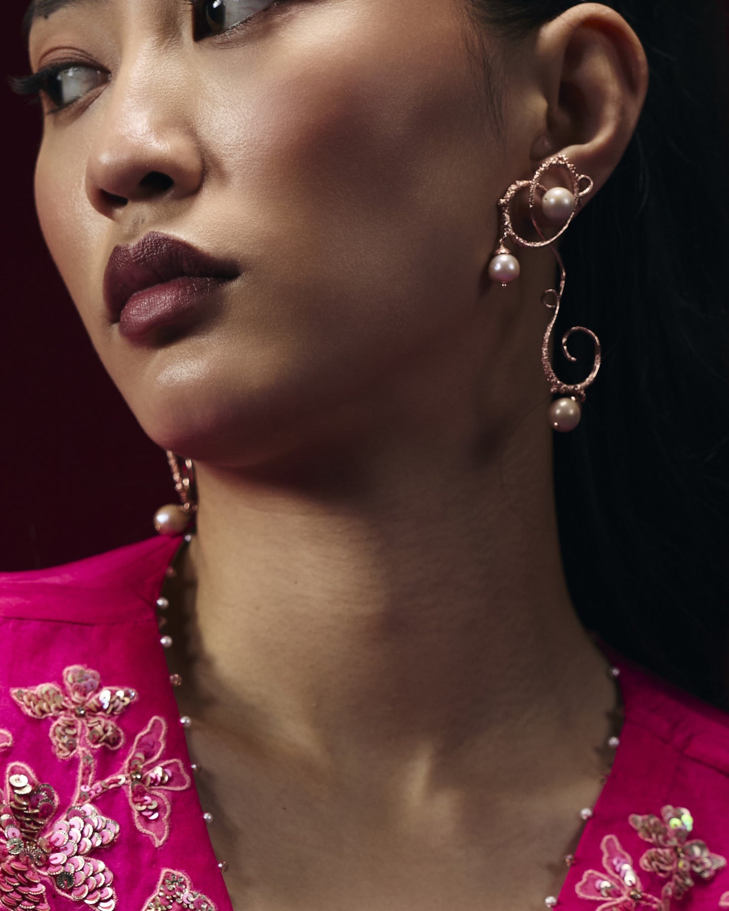 Curly worly pearly danglers Rose Gold