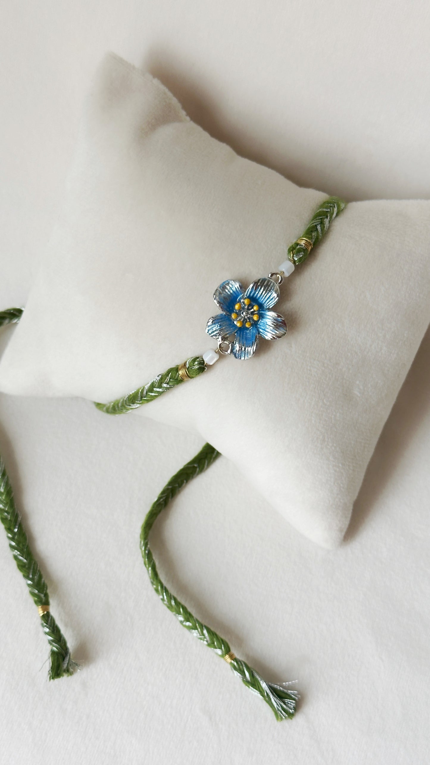 Floral Rakhi Small Silver, blue and green