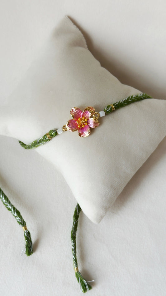 Floral Rakhi Small Gold, pink and green