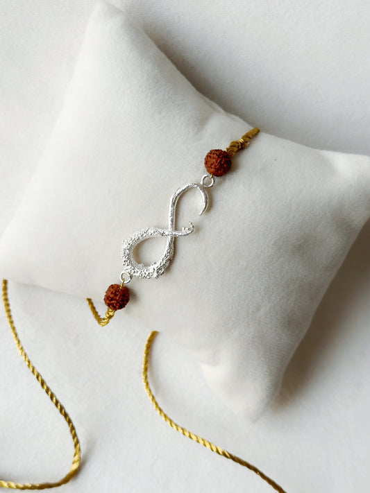 Infinity Rakhi Silver and Gold with Rudraksh beads