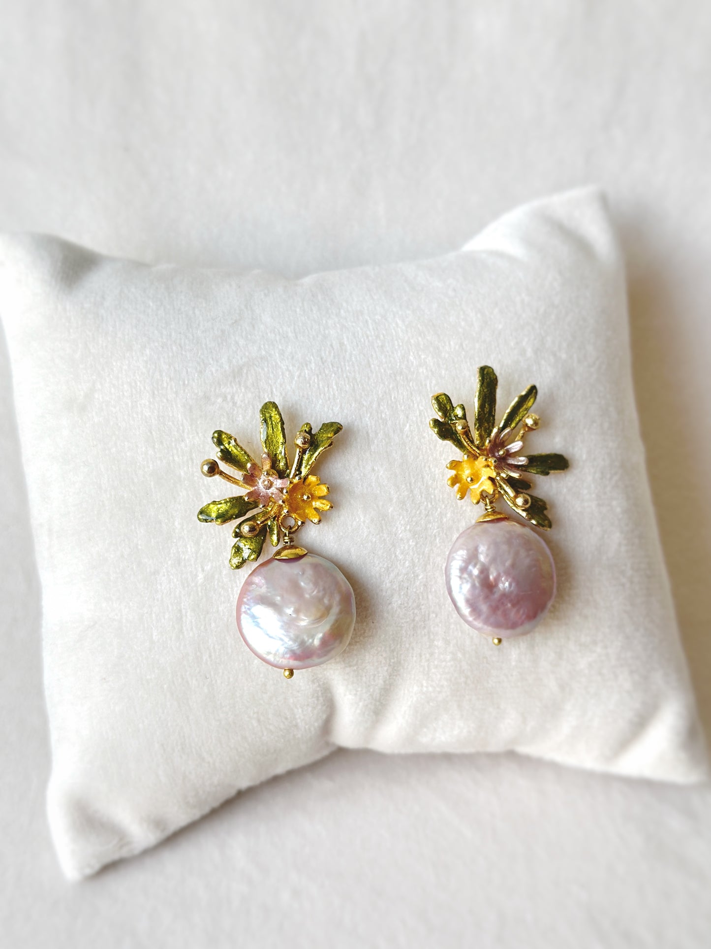Flowerburst Coin Pearl Drop Studs