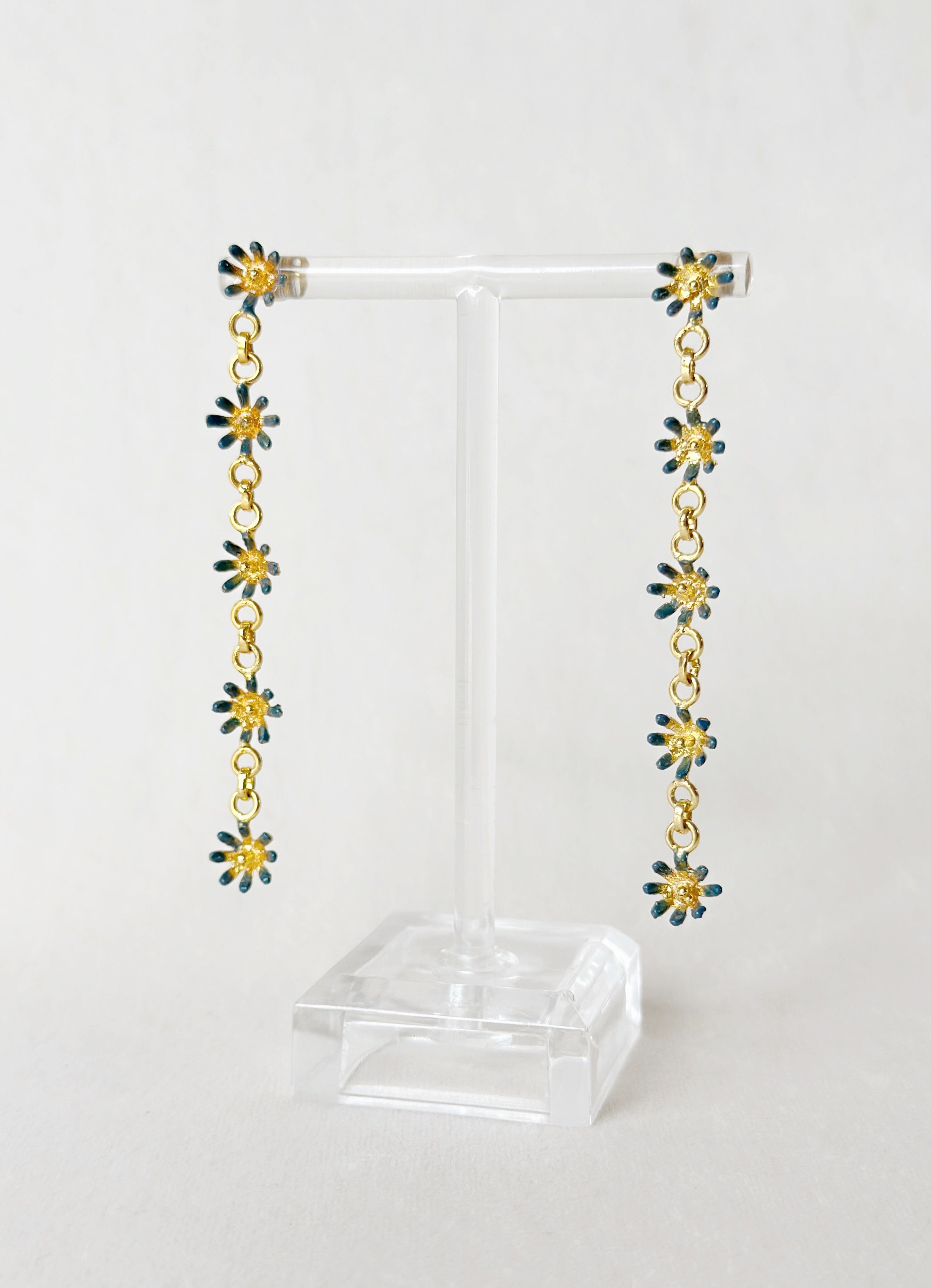 Floral String Dangler Earrings - Forget me not blue