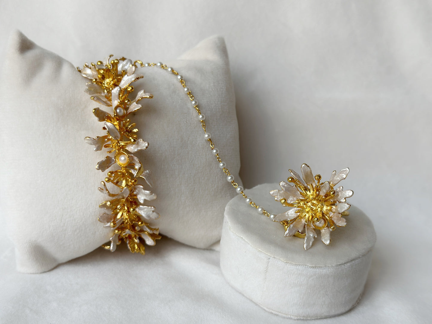 Blooming haathphool with pearls - Snowy White