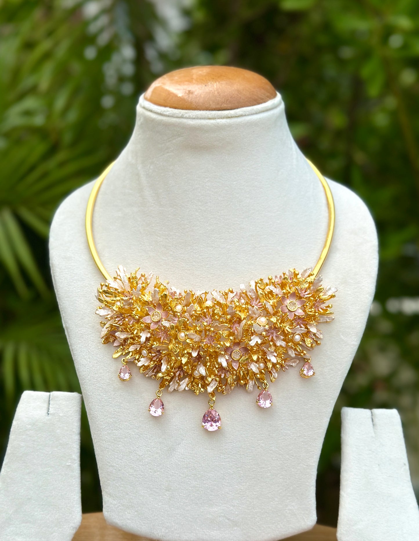 Enchanted Glade Neckpiece - Pink and White with teardrop crystals