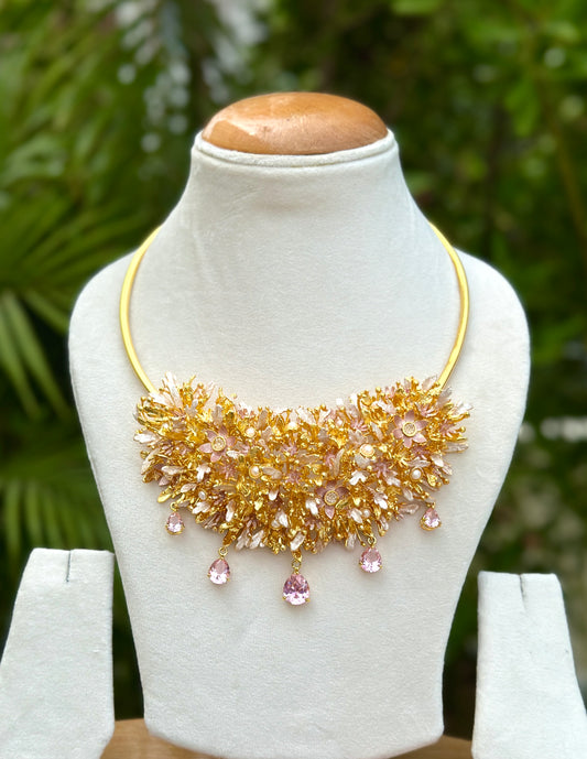 Enchanted Glade Neckpiece - Pink and White with teardrop crystals