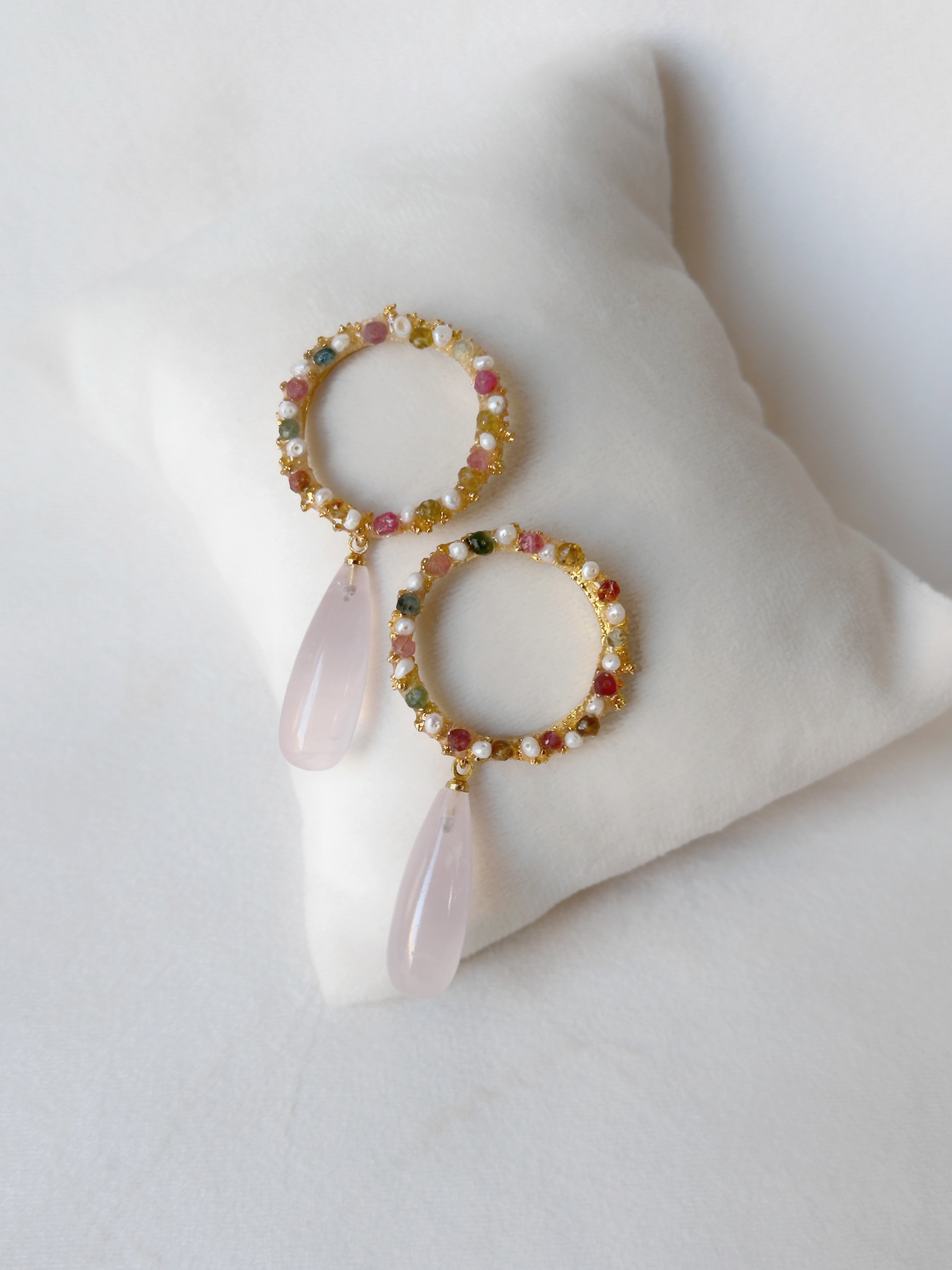 Candy drop danglers with Rose quartz, Tourmalines and freshwater pearls