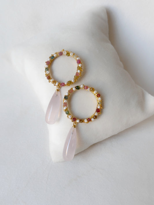 Candy drop danglers with Rose quartz, Tourmalines and freshwater pearls