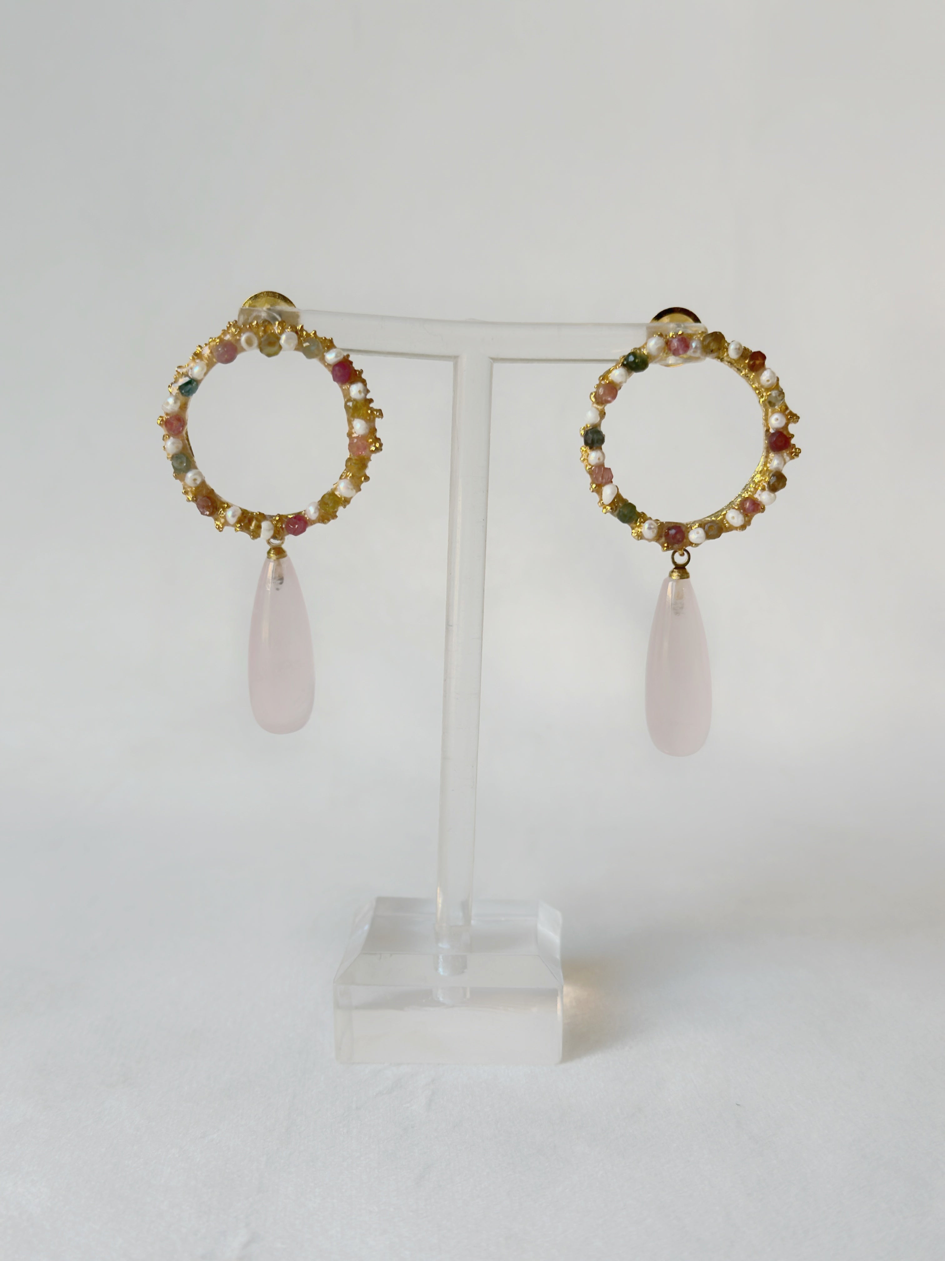 Candy drop danglers with Rose quartz, Tourmalines and freshwater pearls