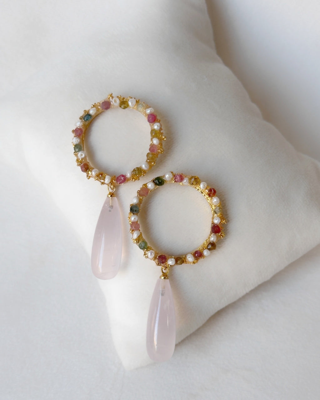 Candy drop danglers with Rose quartz, Tourmalines and freshwater pearls