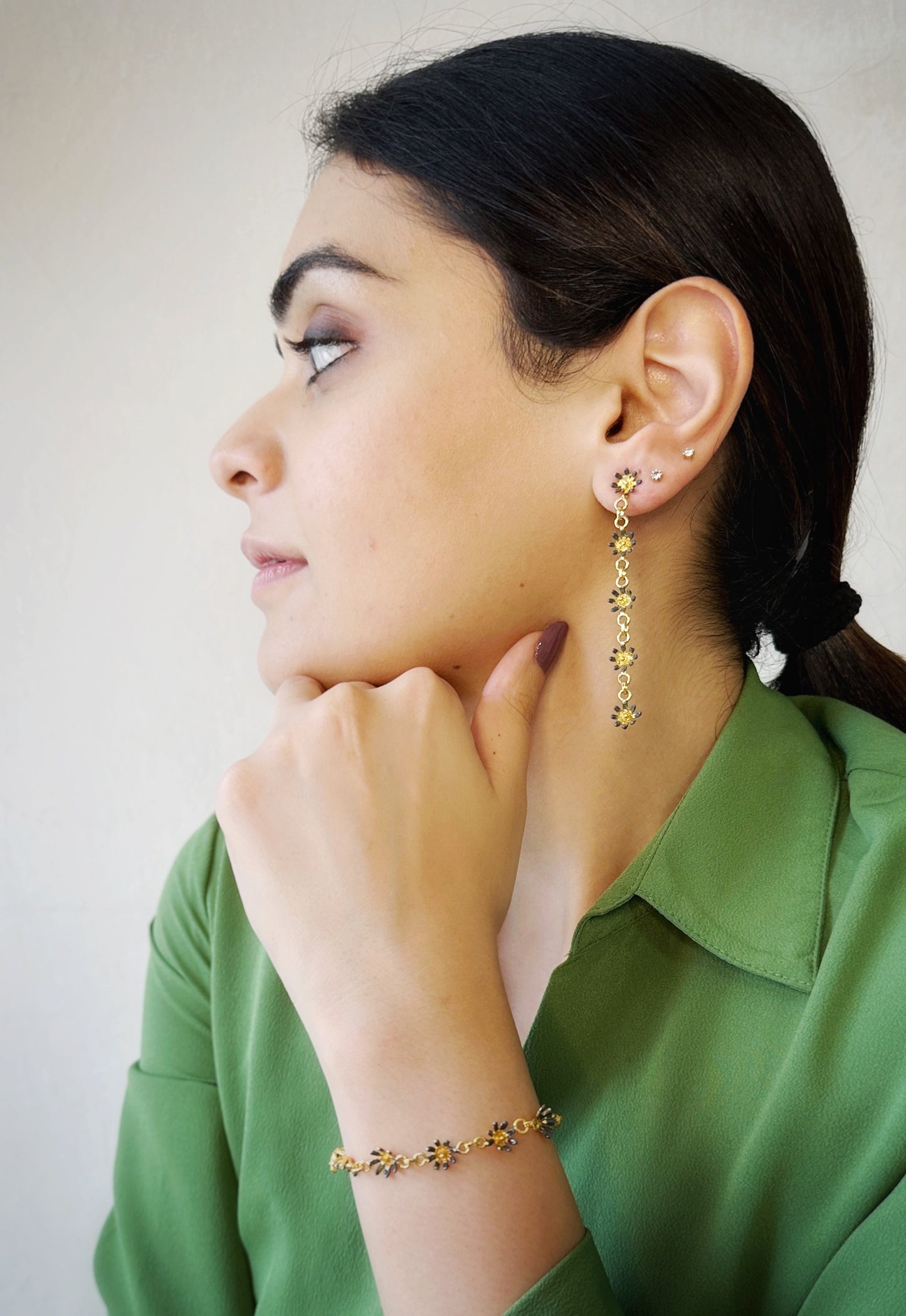 Floral String Dangler Earrings - Forget me not blue